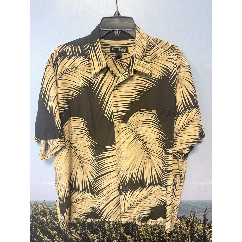 Tori Richards Hawaiian Shirt 100% Silk Men's XL Black Tropical Palm AOP Camp